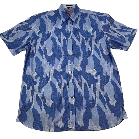 Luciano Visconti Other - Luciano Visconti Mens Shirt Large Blue Camouflage Pattern Short Sleeve